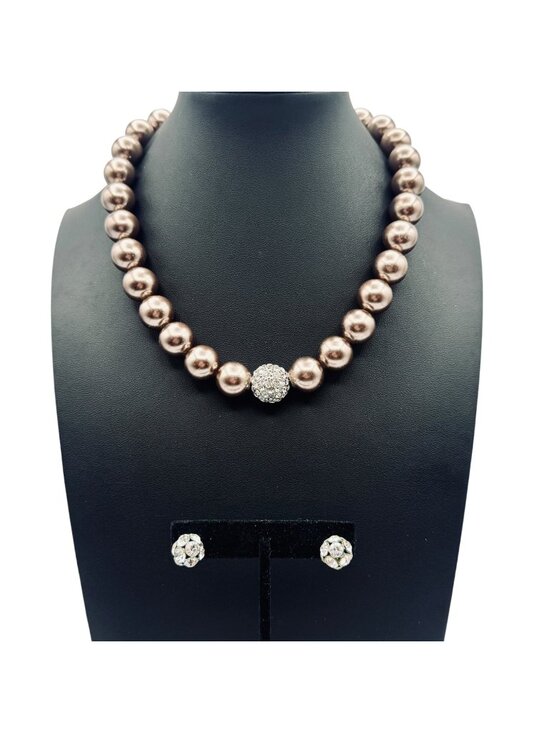 Estate Jewelry - Vintage Chunky Glass Pearl Choker with Disco Ball and Earrings Smoky Luxury 16"